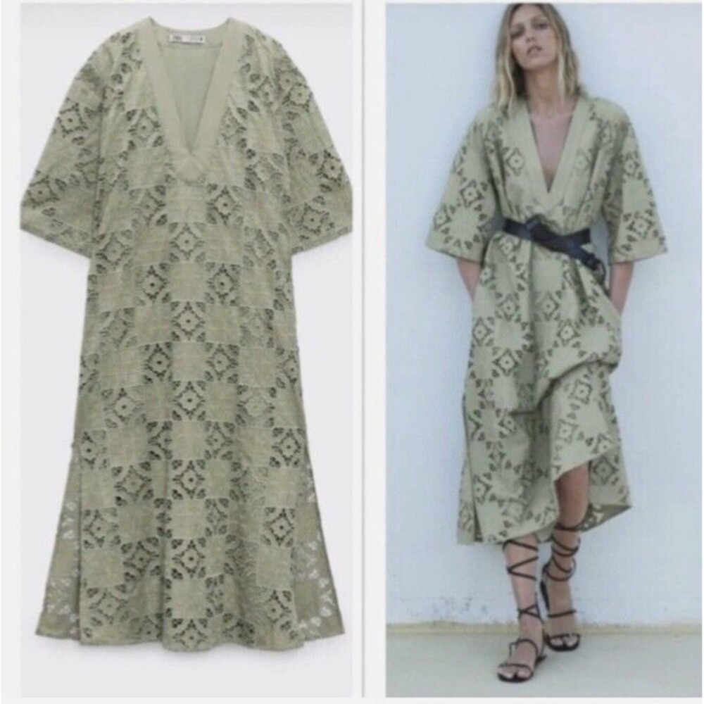 New Zara Women's Embroidered‎ Lace Oversized Dress Kaftan Sage Green Small